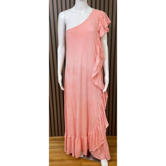 Free People Elisa Women's M Pink Dress Cotton Maxi Beach Ruffled One-Shoulder - Picture 1 of 9